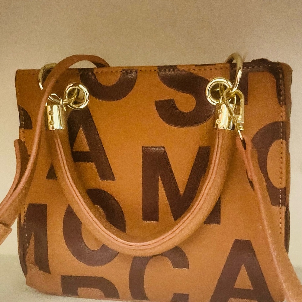 Tan Letter-Print Leather Tote Bag with Gold Hardware